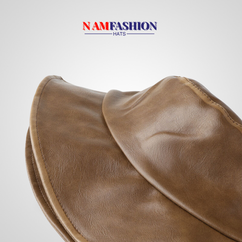 バケットハット 本革仕立て 上質 縫製デザイン レザー調バケットハット