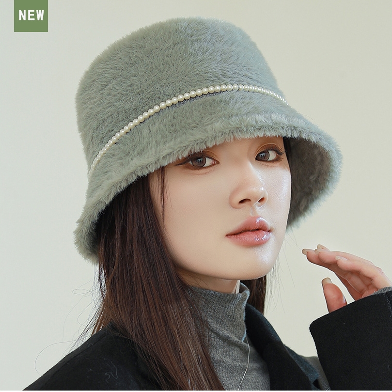 秋冬ファーバケットハット真珠付き女性帽子可愛い韓国風