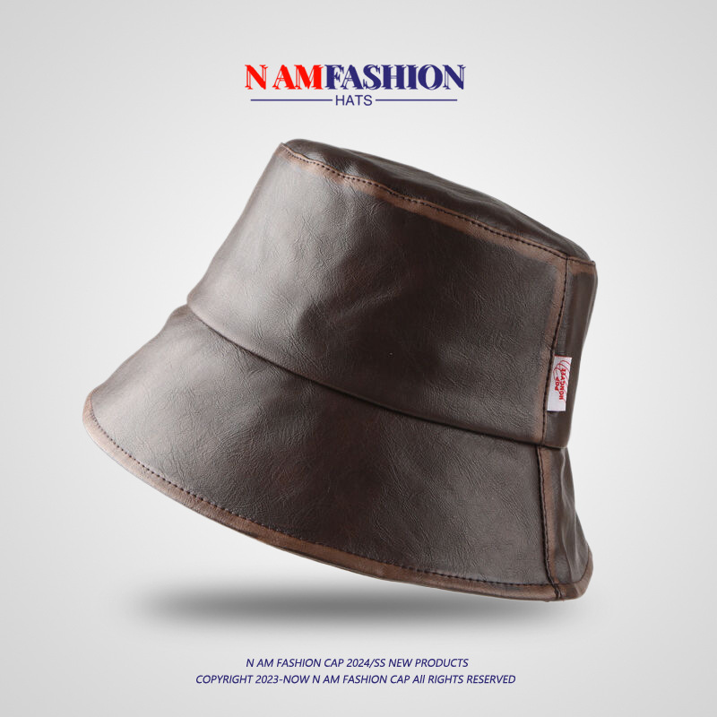 バケットハット 本革仕立て 上質 縫製デザイン レザー調バケットハット