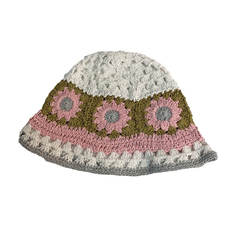 バケットハット 花モチーフ かぎ編みのクロシェ 透かし編みバケットハット