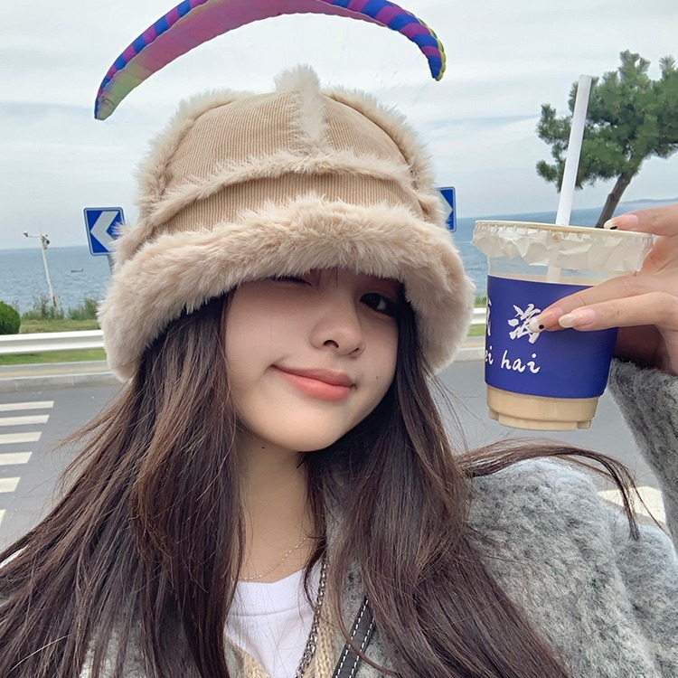 ファー付きバケットハット レディース 韓国風ボーダー柄帽子