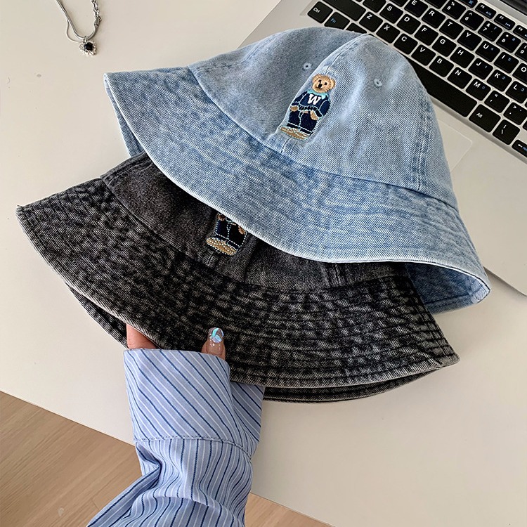 バケットハット ワッペン付き くま 可愛い デニムバケットハット