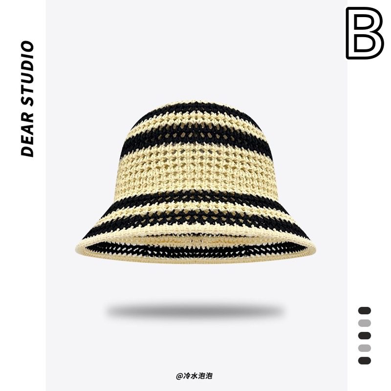 夏の透かし編みボーダーバケットハット 日よけ帽子