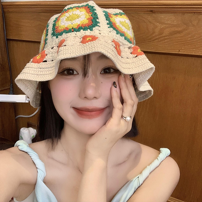 バケットハット 編み物花柄バケットハット レディース 韓国風帽子