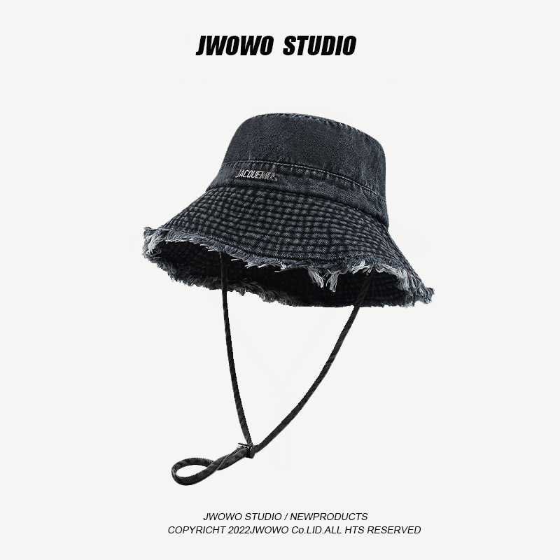 バケットハット 日焼け防止 フリンジ縁 ロゴ入り 紐付きバケットハット