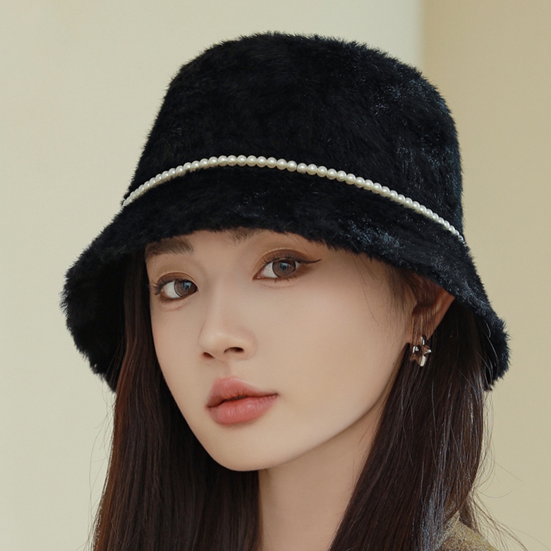 秋冬ファーバケットハット真珠付き女性帽子可愛い韓国風