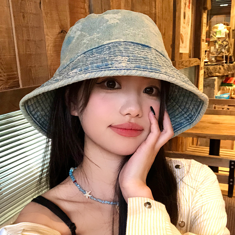 バケットハット テディベア柄ダメージ加工デニム生地のおしゃれバケットハット