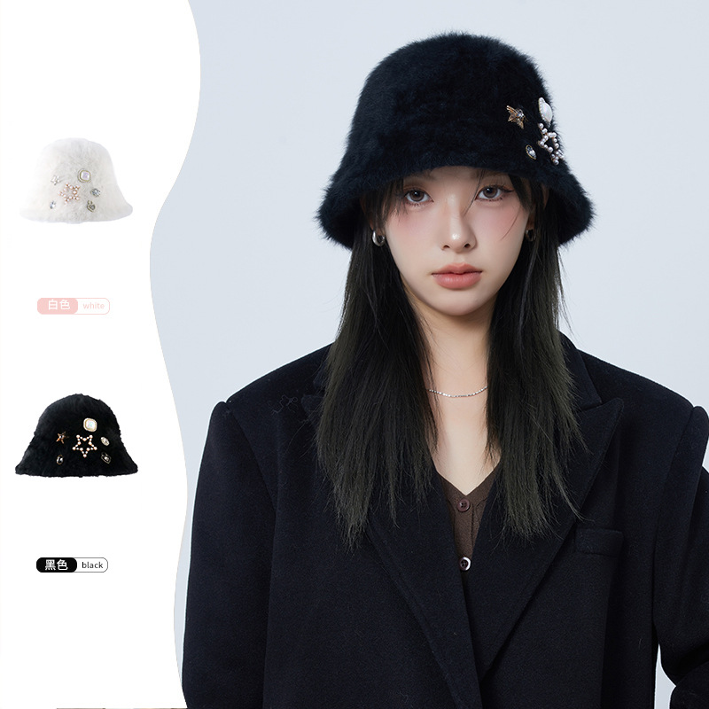 バケットハット 星座モチーフ装飾付きふわふわファーバケットハット