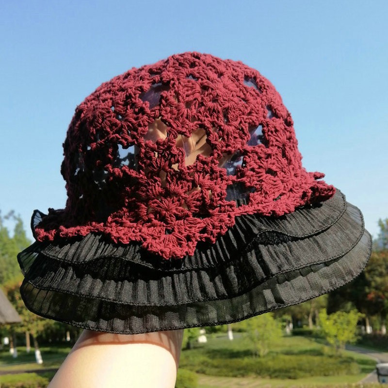 バケットハット 透かし編み 花模様 かぎ針編み フリル つば広 編み物バケットハット