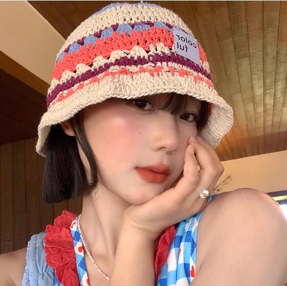バケットハット 編み物 手作り風バケットハット 女性用 カラフル ボーダー柄 日よけ帽子