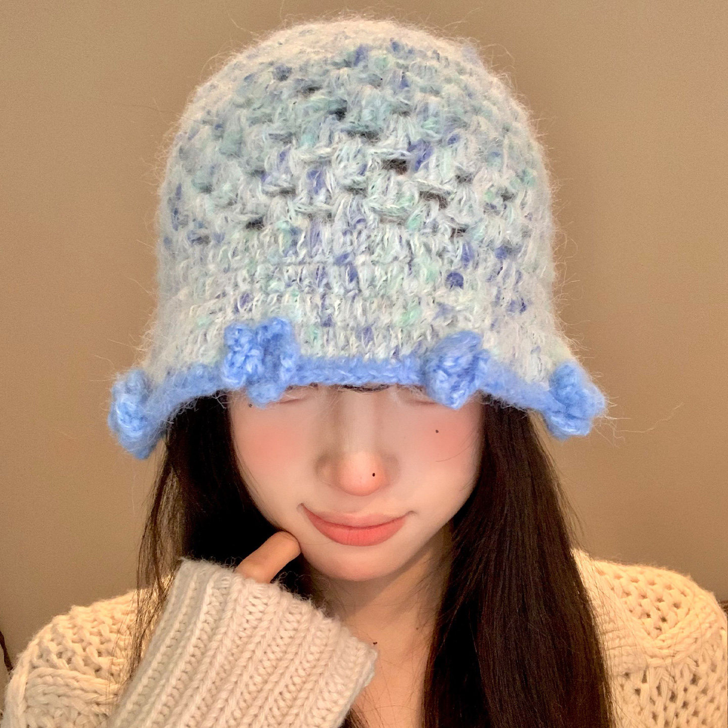 バケットハット ふわふわ波 ウェーブ 縁取り 手編みバケットハット