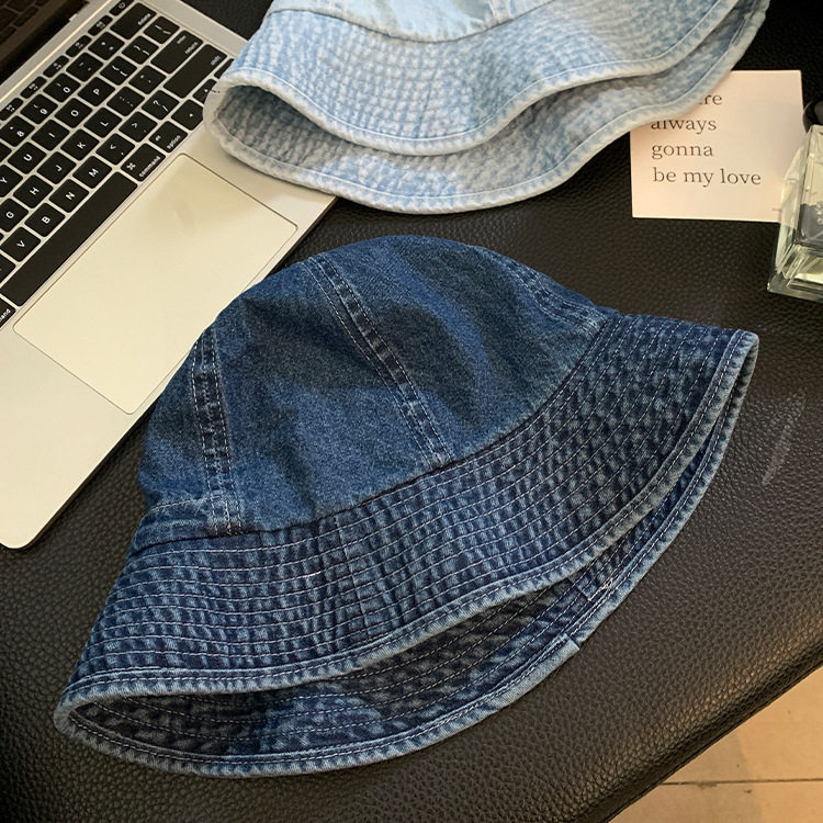 バケットハット ヴィンテージ風デニム生地のつば広バケットハット