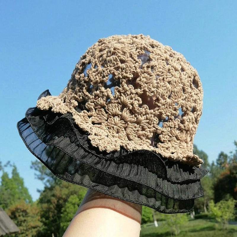 バケットハット 透かし編み 花模様 かぎ針編み フリル つば広 編み物バケットハット
