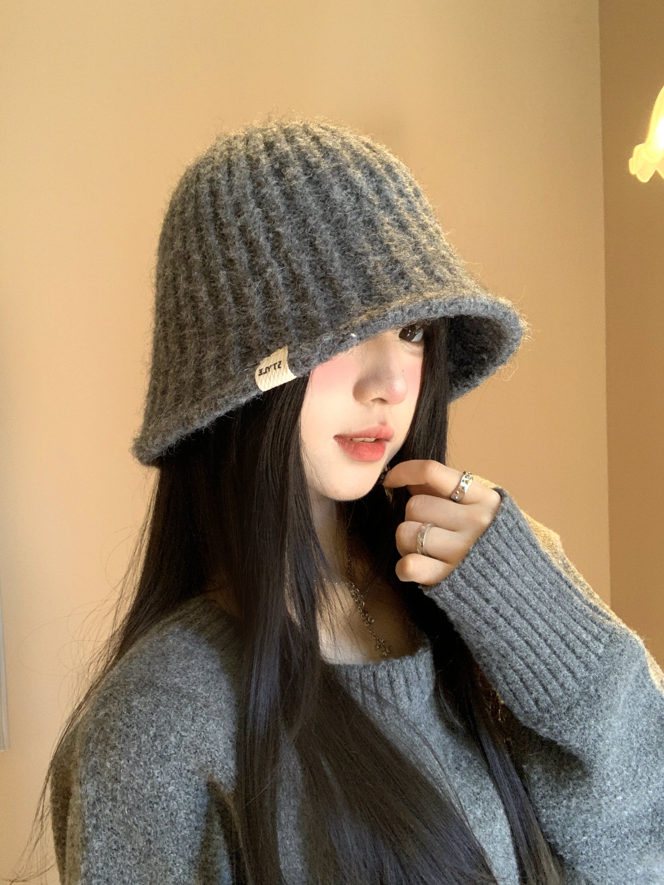 バケットハット ふわもこリブ編み込みバケットハット