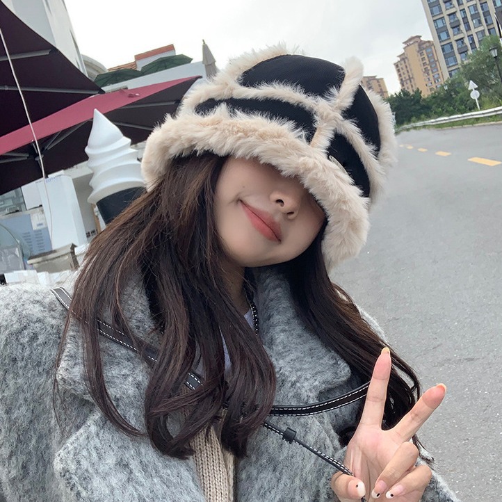 ファー付きバケットハット レディース 韓国風ボーダー柄帽子