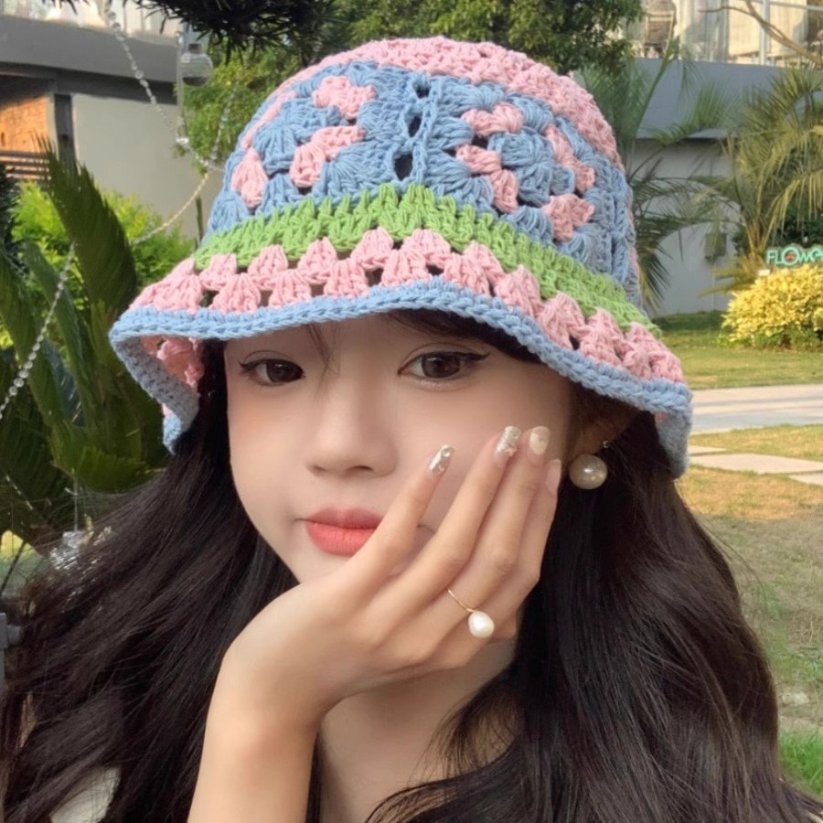 バケットハット 花モチーフ かぎ編みのクロシェ 透かし編みバケットハット