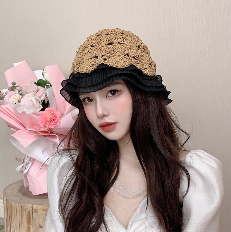 バケットハット 花模様編み透かしフリル付きバケットハット
