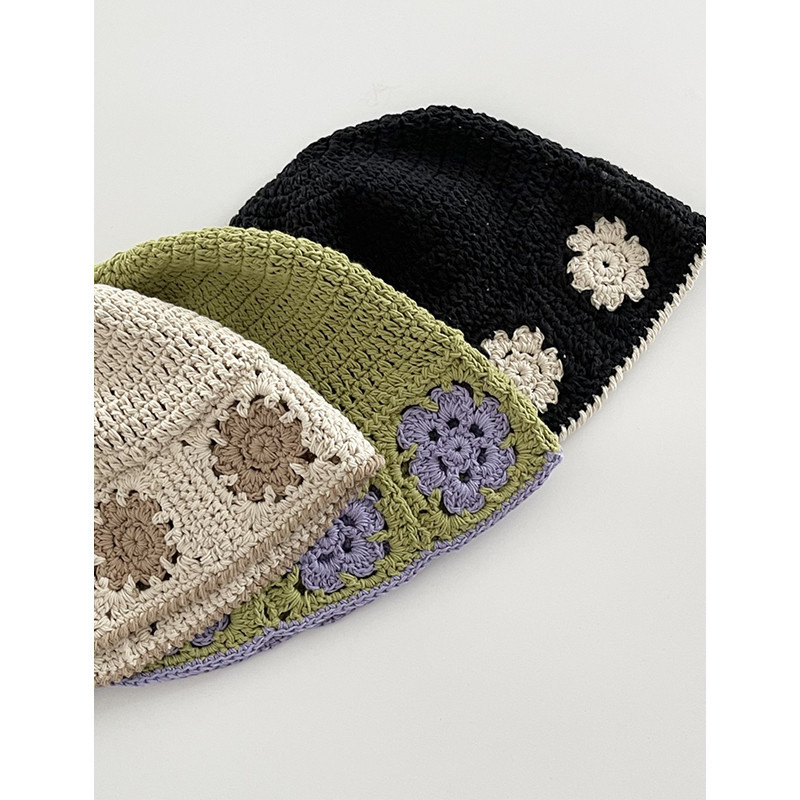 バケットハット 花柄編み物バケット帽子 黒色ニット帽 女性用