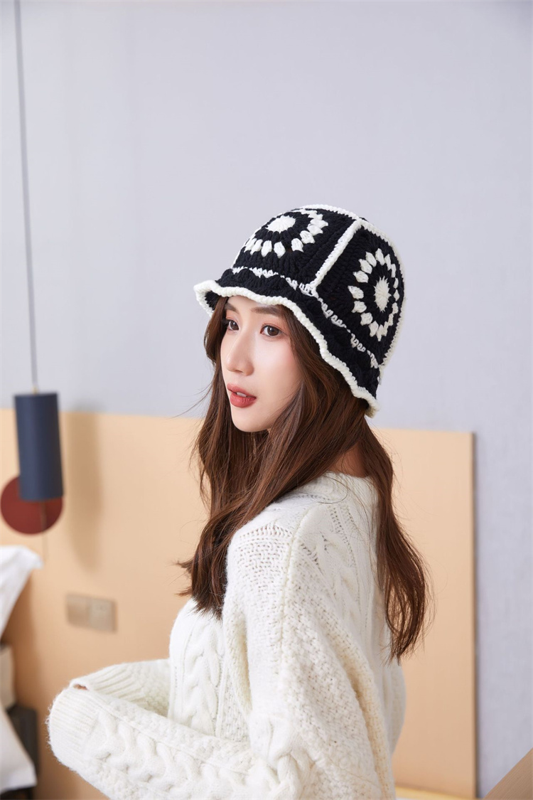 バケットハット 手編み編み物バケット帽 レトロ風つば付きニット帽 保温通気性抜群