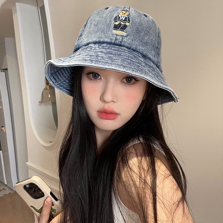 バケットハット ワッペン付き くま 可愛い デニムバケットハット