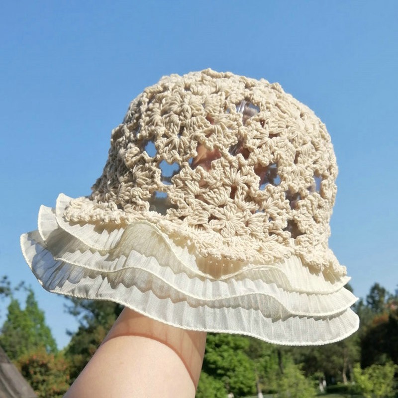 バケットハット 透かし編み 花模様 かぎ針編み フリル つば広 編み物バケットハット