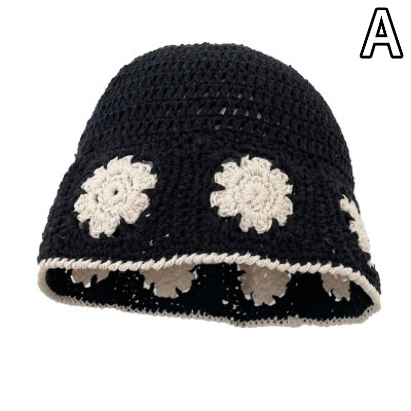 バケットハット 花柄編み物バケット帽子 黒色ニット帽 女性用