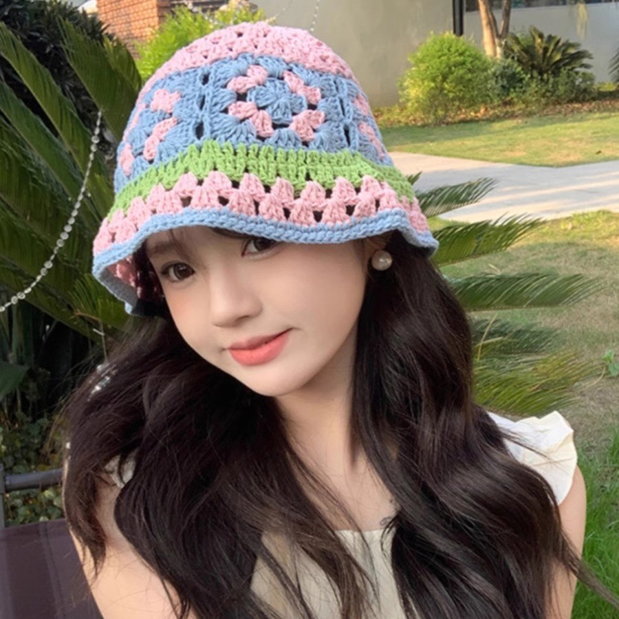 バケットハット 花モチーフ かぎ編みのクロシェ 透かし編みバケットハット
