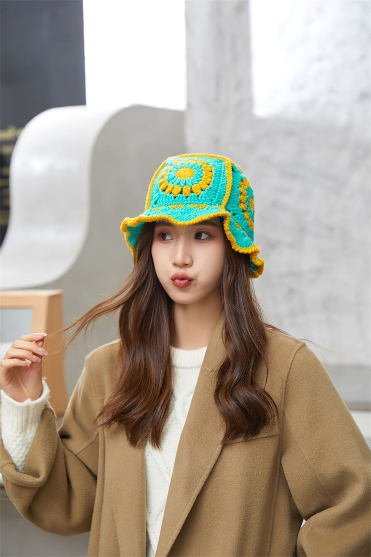 バケットハット 手編み編み物バケット帽 レトロ風つば付きニット帽 保温通気性抜群