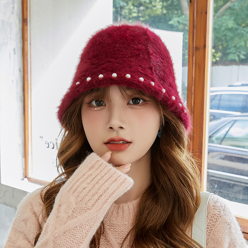 バケットハット 秋冬ファー帽子 真珠付きバケット帽 女性用 全6色