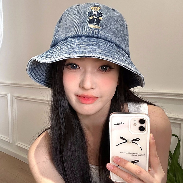 バケットハット ワッペン付き くま 可愛い デニムバケットハット