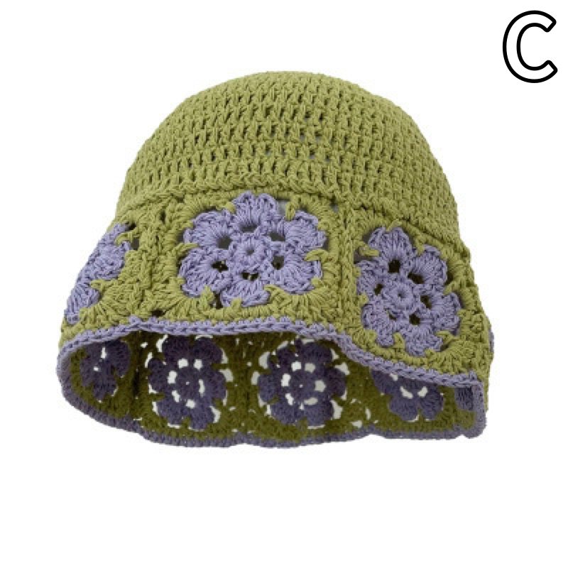 バケットハット 花柄編み物バケット帽子 黒色ニット帽 女性用