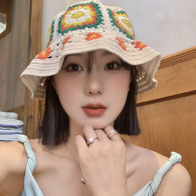 バケットハット 編み物花柄バケットハット レディース 韓国風帽子