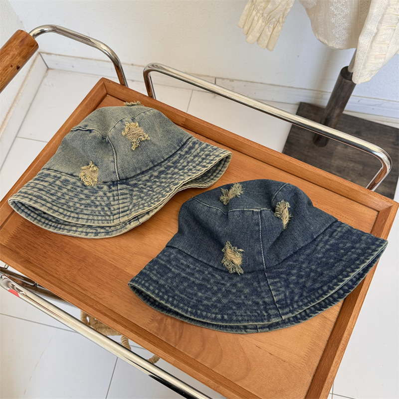 バケットハット ダメージ加工千鳥格子切替デニムバケットハット