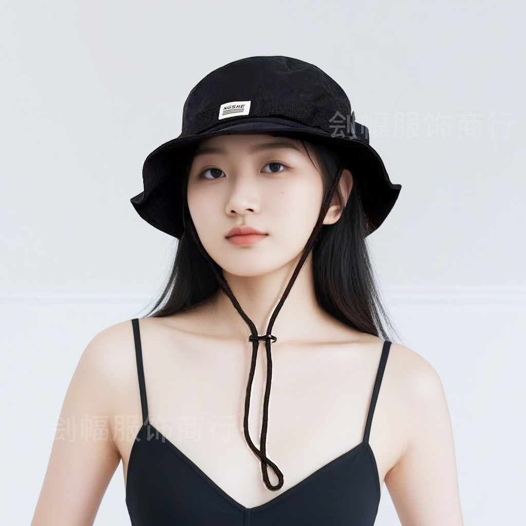 バケットハット 配色切替ワンポイント刺繍紐付きバケットハット