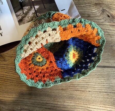 バケットハット 女性用韓国風編み物バケット帽子花柄配色