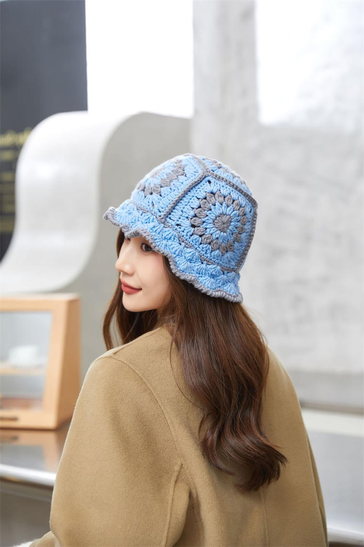 バケットハット 手編み編み物バケット帽 レトロ風つば付きニット帽 保温通気性抜群