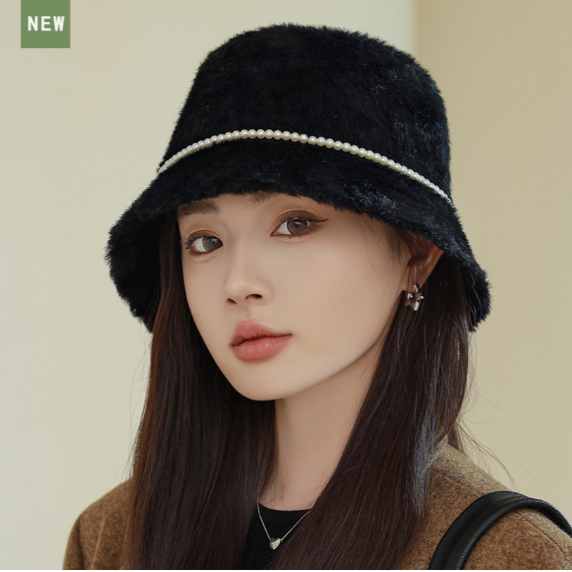 秋冬ファーバケットハット真珠付き女性帽子可愛い韓国風
