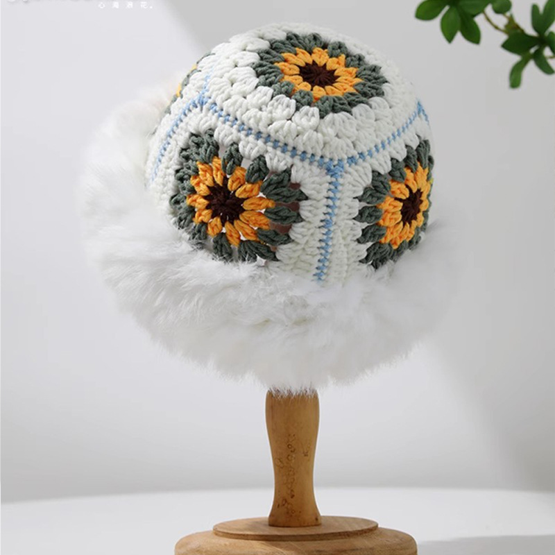 バケットハット 花模様ファー縁取りバケットハット