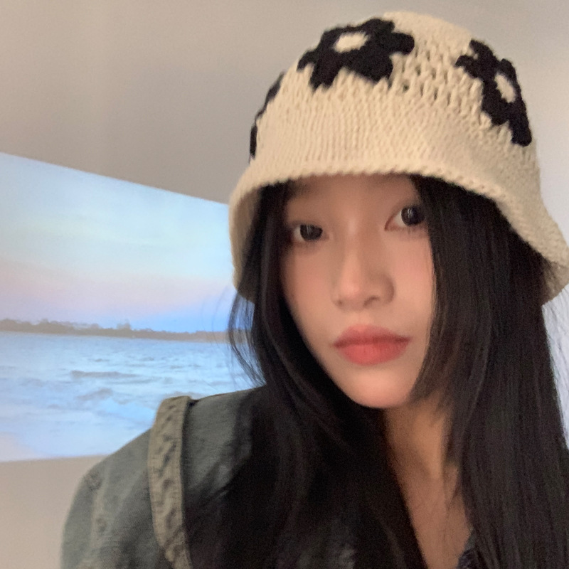 バケットハット 編み物花柄ニット帽子 女性用バケット型 小顔効果秋冬