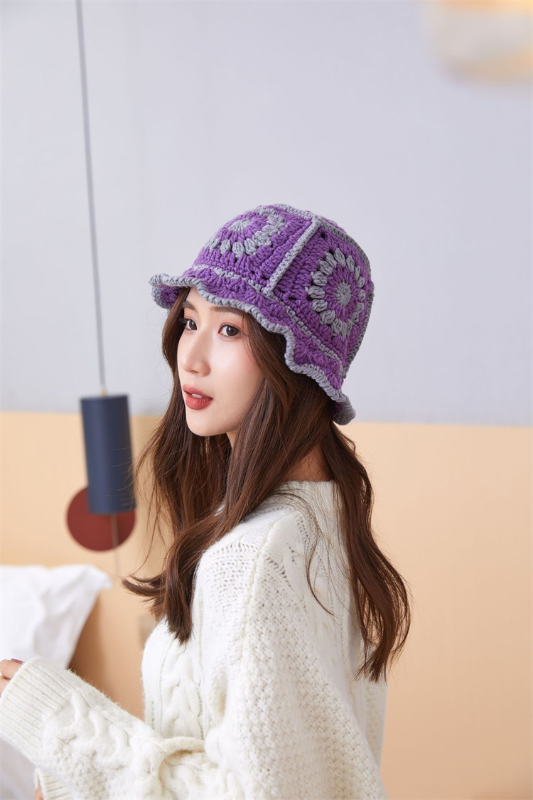 バケットハット 手編み編み物バケット帽 レトロ風つば付きニット帽 保温通気性抜群