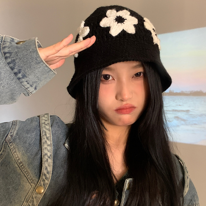 バケットハット 編み物花柄ニット帽子 女性用バケット型 小顔効果秋冬