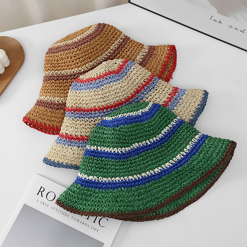 バケットハット 配色 ストライプ柄 手編み 麦わらバケットハット