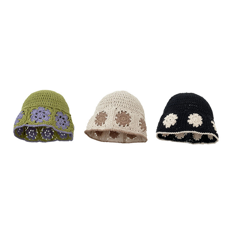 バケットハット 花柄編み物バケット帽子 黒色ニット帽 女性用