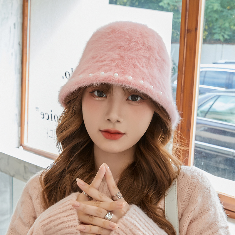 バケットハット 秋冬ファー帽子 真珠付きバケット帽 女性用 全6色