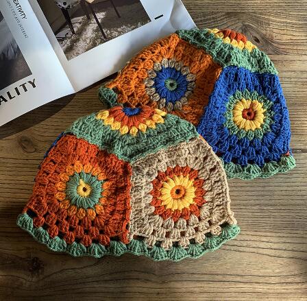 バケットハット 女性用韓国風編み物バケット帽子花柄配色