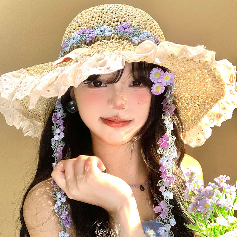 バケットハット 花柄刺繍レース飾り紐付き麦わら帽子