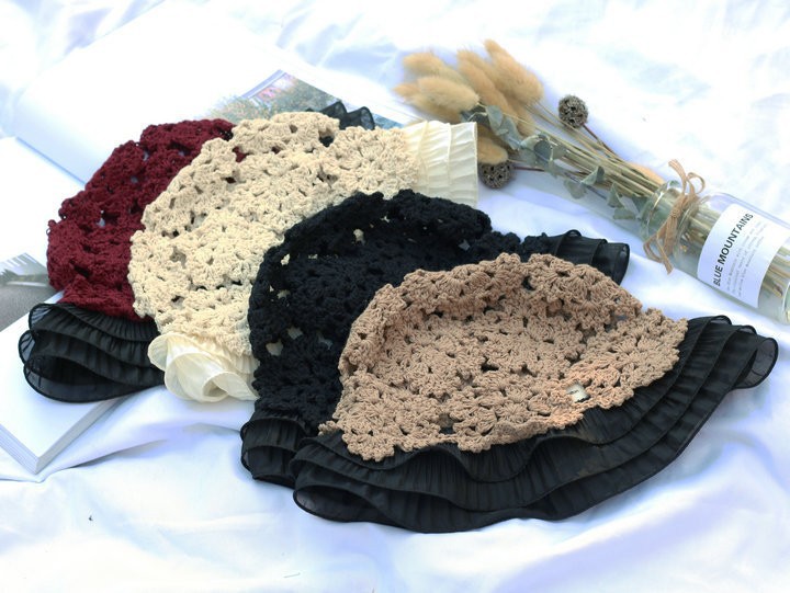 バケットハット 透かし編み 花模様 かぎ針編み フリル つば広 編み物バケットハット