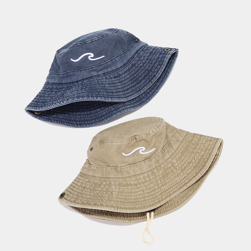 バケットハット 波模様刺繍入り紐付きバケットハット