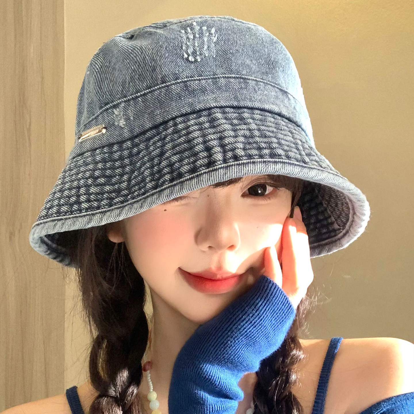 バケットハット ダメージ加工デニムバケットハット金具付き