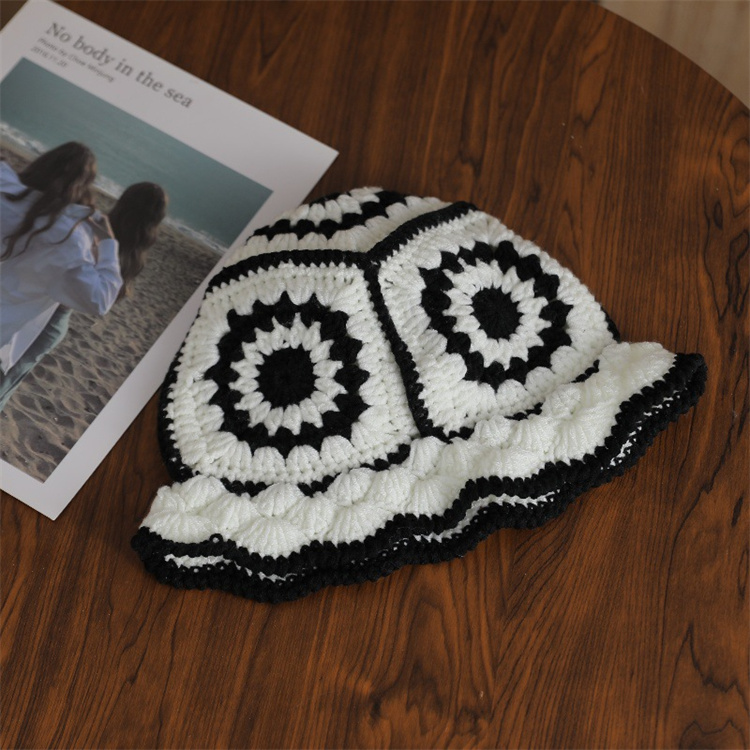 バケットハット 手編み編み物バケット帽 レトロ風つば付きニット帽 保温通気性抜群